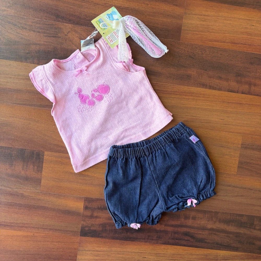 Vintage y2k Sesame Beginnings Baby Girl 2pc Pink Top Denim Bloomers Set 3-6M NWT